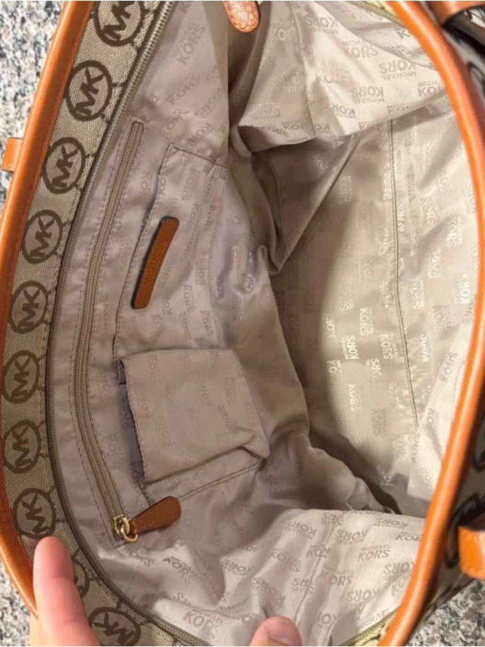 Michael Kors Beige Signature Tote with Tan Leather Handles